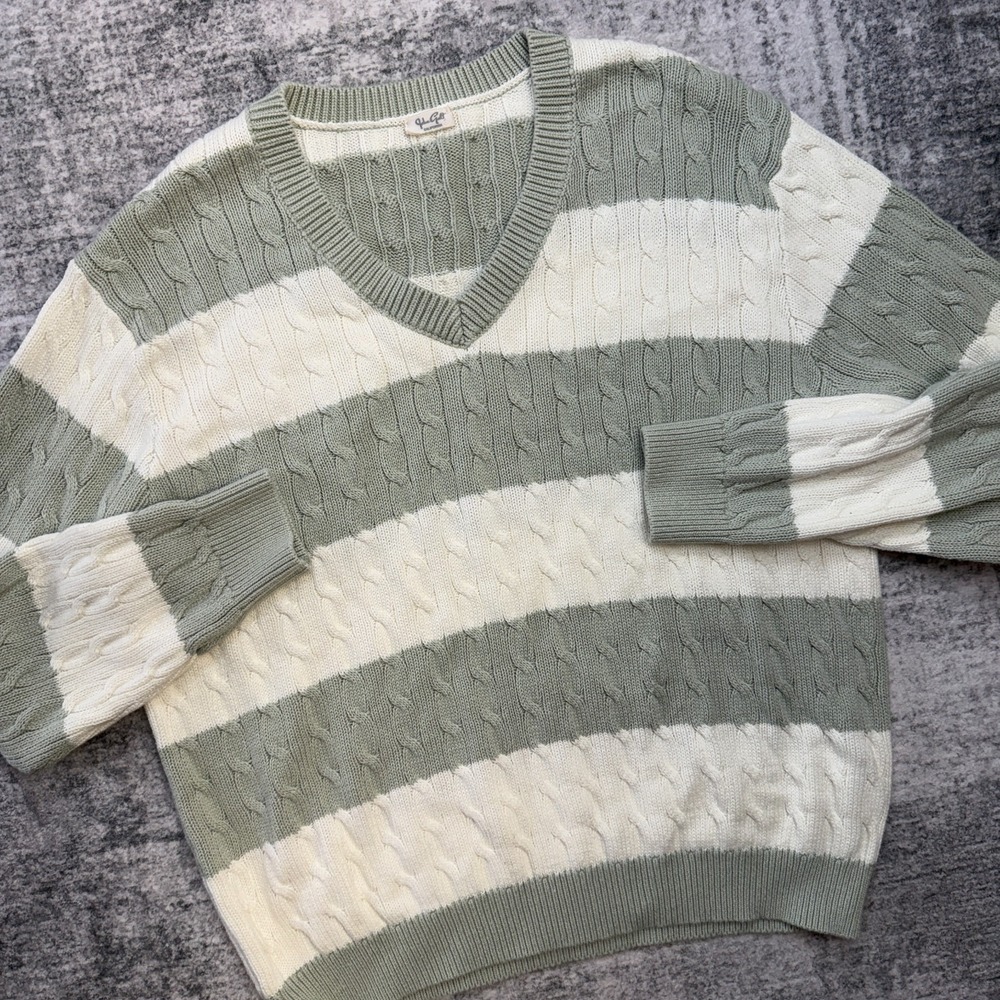 John Galt Sweater Womens Green White Cable Knit Striped Preppy Brandy Melville